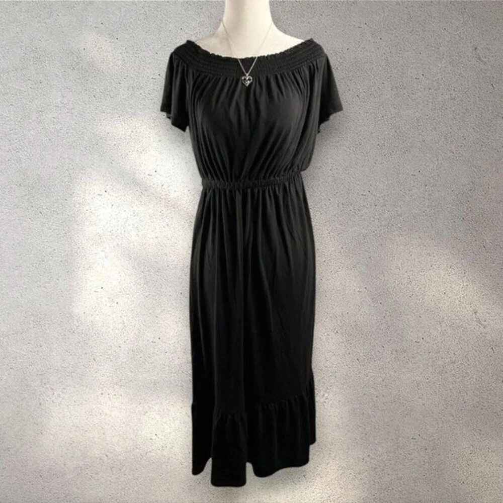 Old Navy Off Shoulder Midi Dress Women’s Small Black Ruffle Hem Bohemian Resort
